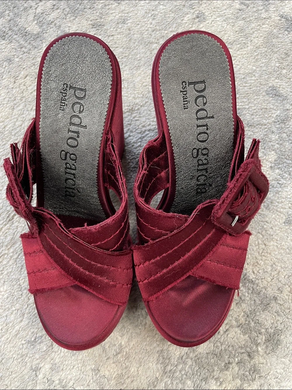Pedro Garcia Tomasina Platform Sandal Mules Ruby Red Oxblood Satin Sz 36